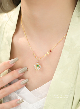 S925纯银幸运四叶草项链女抖音直播间新中式同款镶嵌锆石锁骨链