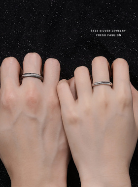 s925纯银七夕青丝白发情侣戒指几何小众国风拉丝气质设计活口对戒