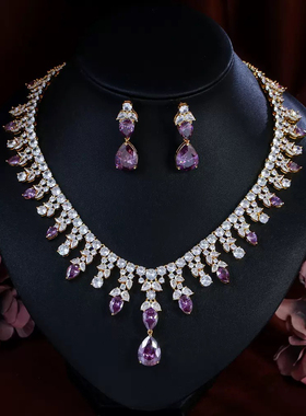 欧美奢华紫色锆石新娘项链耳环