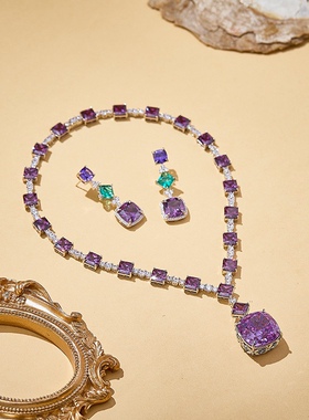 紫色水晶锆石项链女轻奢重工吊坠新娘紫色礼服婚纱锁骨链法式复古