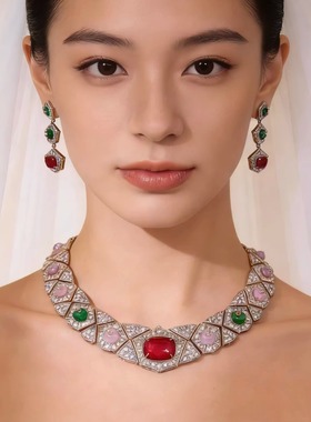 法式复古粉钻红宝石新娘锁骨链