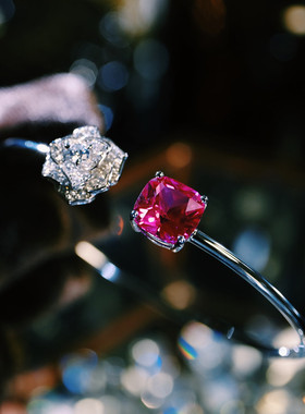 法式轻奢ins高级感925纯银镀18K金山茶花粉红钻开口手镯小众设计