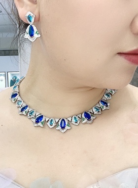 小众奢华蓝宝石铃兰花重工高级感新娘晚宴婚纱礼服项链耳环套装女