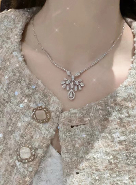 法式一字肩晚礼服高定轻奢925纯银镀金锆石项链欧美时尚大气高级