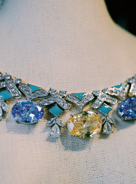 小众设计高级感法式奢华彩色紫色黄钻晚宴礼服项链新娘彩宝锁骨链