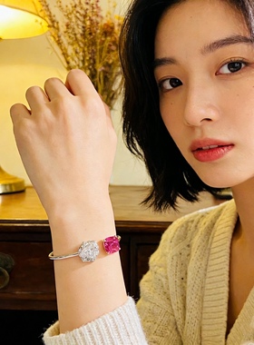 法式轻奢ins高级感925纯银镀18K金山茶花粉红钻开口手镯小众设计