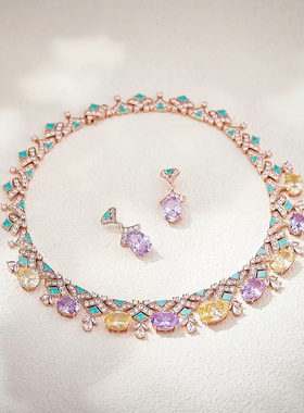 法式复古多巴胺彩色黄钻紫色晚宴礼服新娘项链奢华小众设计高级感