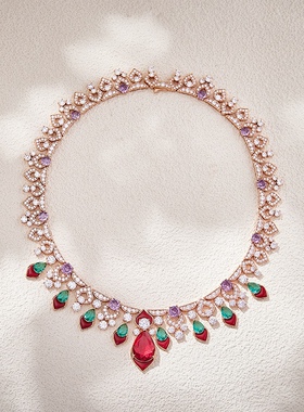 法式复古宫廷风人工彩色红宝石晚宴礼服项链新娘结婚晚装锁骨链女