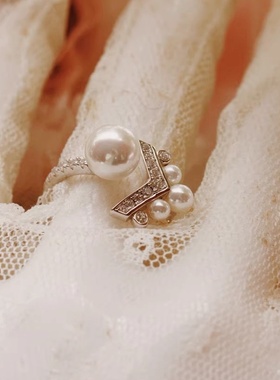925纯银冠冕珍珠结婚婚礼求婚拍摄道具开口戒指女可调节小众设计
