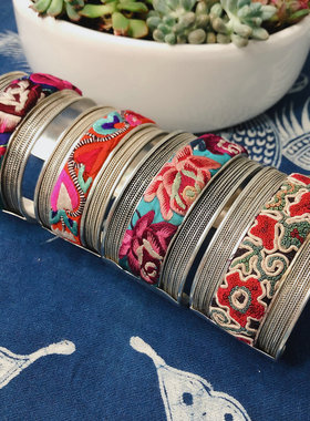 宽边大手镯民方族风绣花苗银老绣