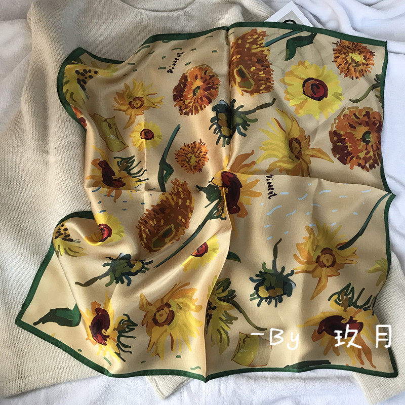 【玖Ninne】法式时髦100桑蚕丝向日葵装饰复古真丝方巾丝巾发带_虎窝淘
