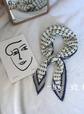 ins波点褶皱拼色压轴法式小丝巾