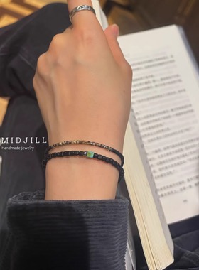 新品限量 潮人酷黑磨砂质感复古玳瑁色925银扣手链 极简个性手链