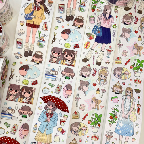 午睡机器狗便利店草莓季水底人贴纸卷分装人物女孩胶带可爱贴纸 - 图1