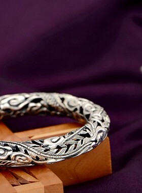 手圈足银镂空仿古礼品银手镯复古