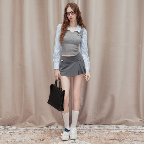 Mess Studio 辣妹毛织拼接衬衣修身条纹假两件上衣长袖衬衫女短款 - 图1