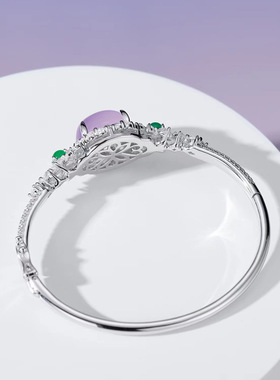天然紫玉髓手镯女小众设计高冰紫罗兰纯银围镶蛋面玉石饰品新中式