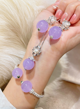 S925银新中式温婉施家珍珠紫玉髓耳钉耳饰项链麻花开口手镯