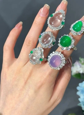 S925纯银镀金天然紫罗兰玉髓鸽子蛋戒指紫气东来铃兰花开戒指女