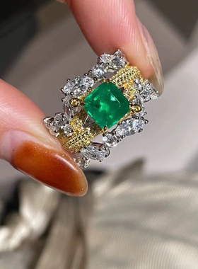 S925纯银镀金祖母绿高碳钻戒指