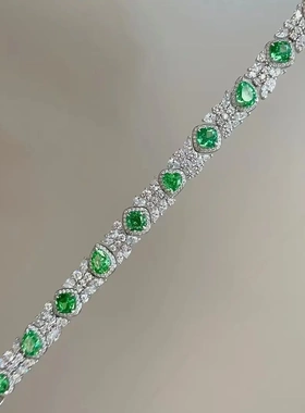 925银镀金 高碳钻 培育绿钻 手工镶嵌豪华不规则异形手链