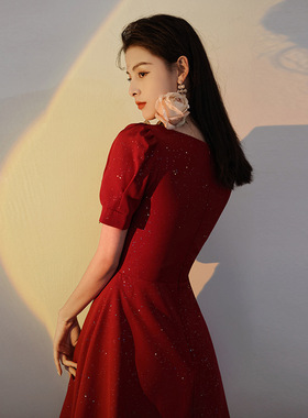 酒红色新娘结婚礼服女2025新款春季平时可穿订婚连衣裙回门敬酒