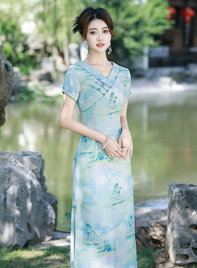 2025复古女中气质民国风夏季旗袍日常可穿长款改良天丝麻连衣裙