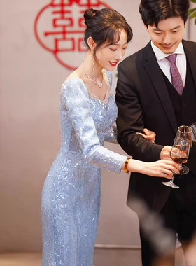 鱼尾晚礼服2025新款春季主持人气质跨境感宴会敬酒礼服连衣裙V领