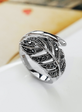 复古羽毛戒指女2021新款潮树叶食指指环镂空立体潮流气.质戒子配