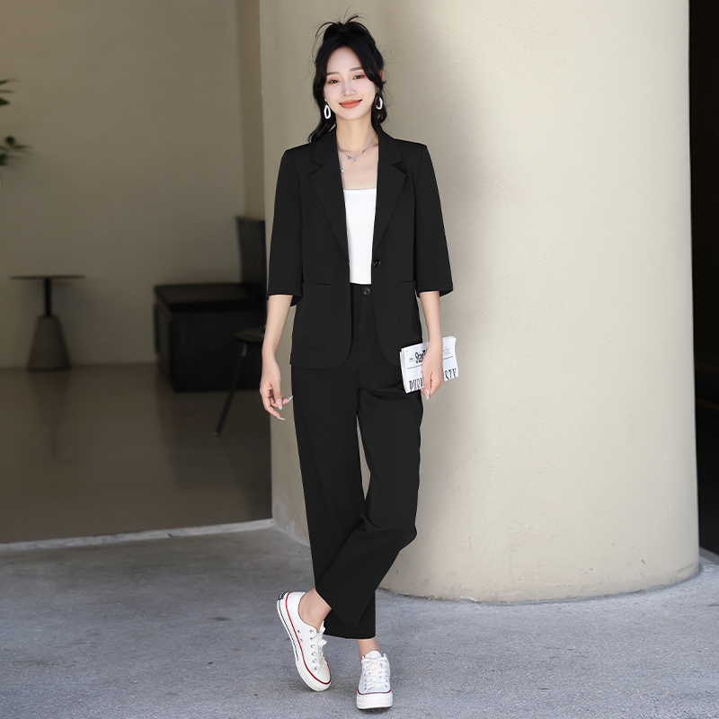 小个子无垫肩七分袖黑色西装外套女夏季薄款高级感职业面试套装 - 图2