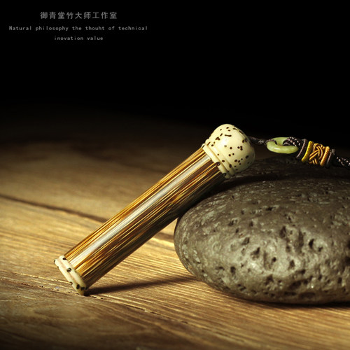 天然竹制纯手工雕刻香囊黑檀木镶嵌 牙签筒 香筒 香粉瓶 竹签筒 - 图3
