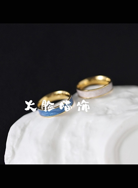 蜜恋蒂海浪与云朵不掉色钛钢戒指对戒情侣彩绘蓝白滴釉欧美礼物