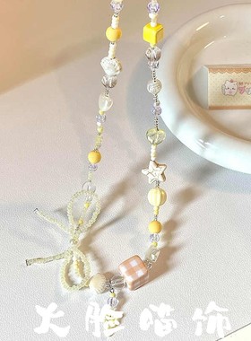 多巴胺黄色蝴蝶结串珠项链女新款精致甜酷适合拍照的锁骨链配饰品