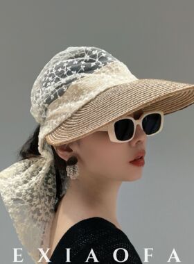 格小梵·正品蕾丝条纹空顶帽女夏季百搭透气防晒帽一体头巾沙滩