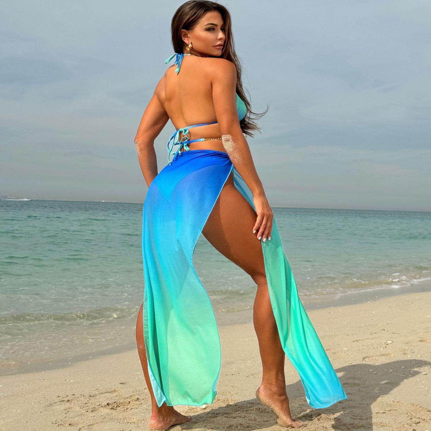 渐变网纱长裙比基尼三件套泳衣三角杯游泳衣女士链条泳装bikini20,淘宝优惠券,粉丝福利购,淘宝优惠卷