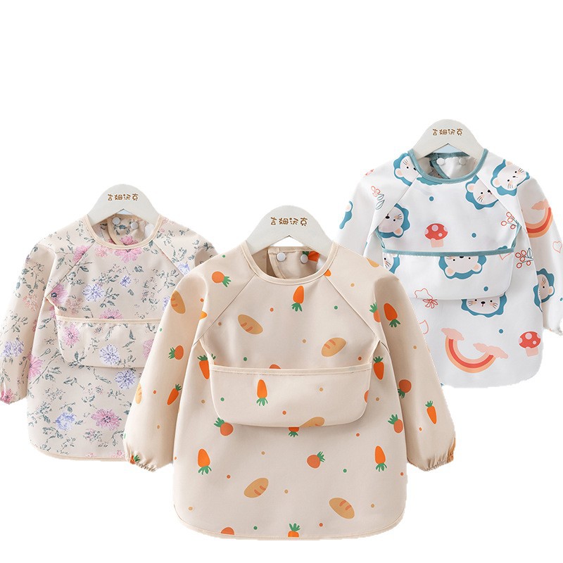Baby smock, infant and toddler eating all-season long-sleeved waterproof bib, anti-dirty and anti-fouling, children's meal pocket, kindergarten apron