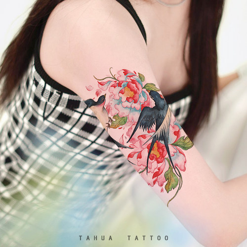 她画 古风燕子花臂 后背牡丹纹身贴 大图案小臂 防水女持久少女心 - 图2