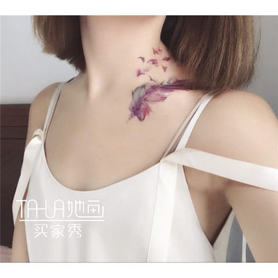 她画羽毛锁骨古风纹身贴彩色性感图案遮疤痕防水女持久肚子 虎窝淘