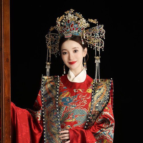 汉服婚礼新娘凤冠中式明制宋制皇后大婚发冠重工古装头饰秀禾新款 - 图0
