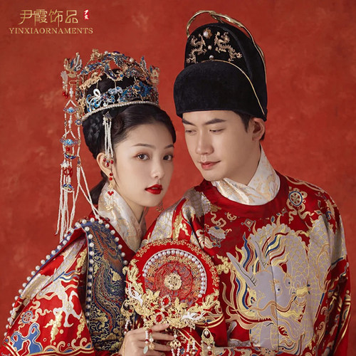明制汉服头饰中式婚礼新娘凤冠霞帔结婚饰品烧蓝景泰蓝发冠重工 - 图0