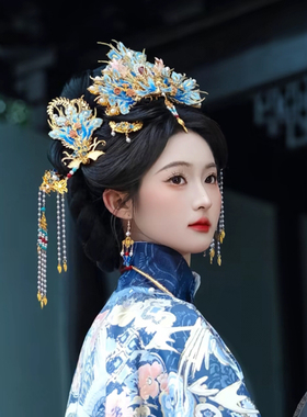 明制汉服头饰凤冠苏绣凤凰头冠中式婚礼新娘结婚发饰品发冠蓝色