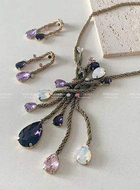 复古高级铜合金编织克劳烟花款项链紫色莱茵石项链耳钉