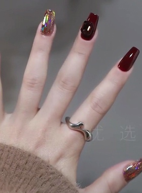 399光疗穿戴甲片新年发财红酒红色显白新娘美甲假指甲定制假指甲