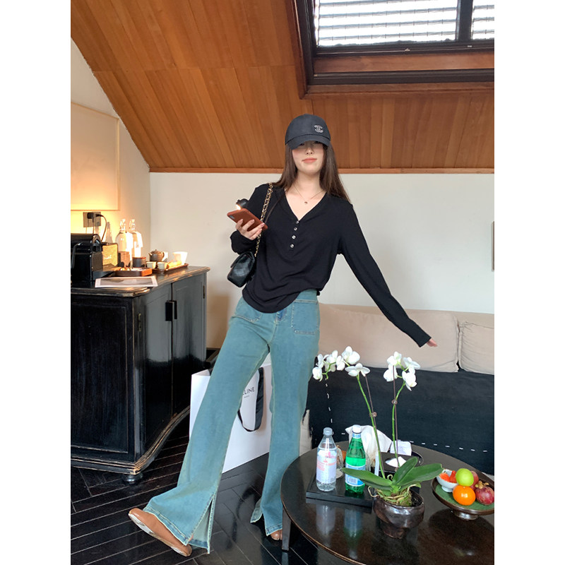 NAZ那子大码2025秋季新款纯欲风别致V领拼皮标胖mm黑色女长袖T恤,淘宝优惠券,粉丝福利购,淘宝优惠卷