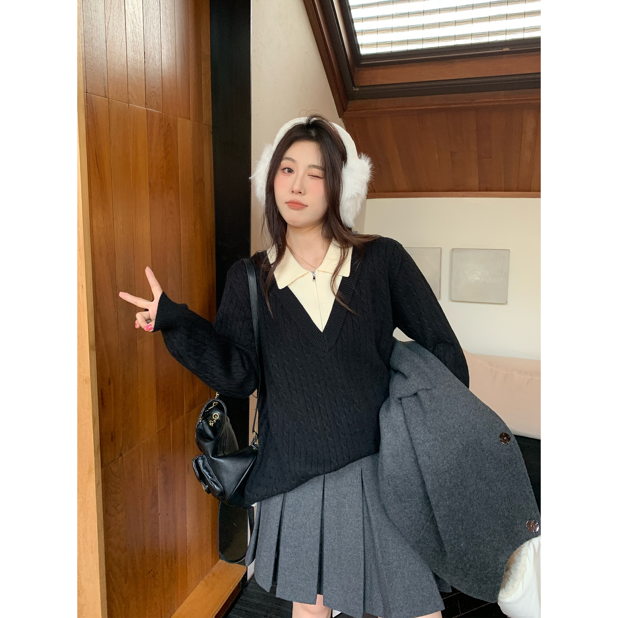 NAZ那子大码冬季安迪绒双领麻花衫POLO领假两件胖mm洋气女针织衫,淘宝优惠券,粉丝福利购,淘宝优惠卷