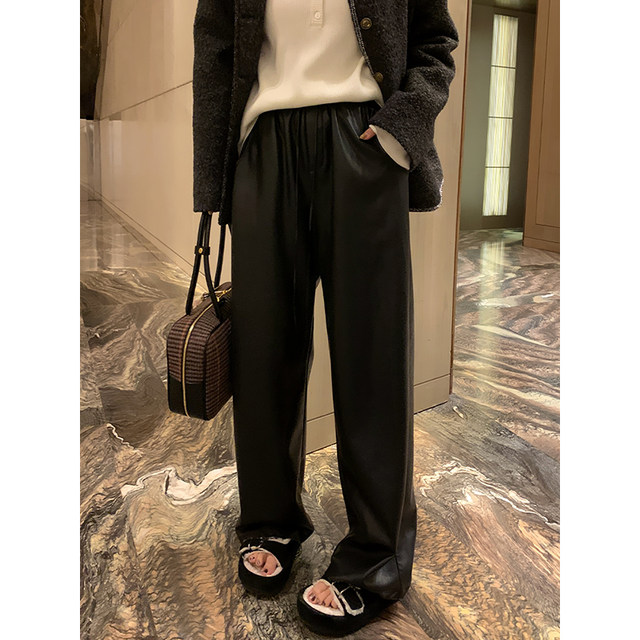 NAZ big size autumn and winter new Korean style PU leather fashionable leather pants fat mm high waist fashionable black straight pants for women