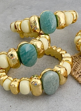 蓝色天河石戒指法国小众时尚复古宫廷真空铜镀K金捶打纹理手镯