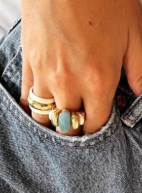 法国小众设计天河石戒指复古度假风欧美风复古时尚中古戒指指环