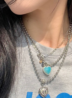 韩国ins博主同款天使果冻爱心镂空镶钻桃心项链 钛钢时髦锁骨链