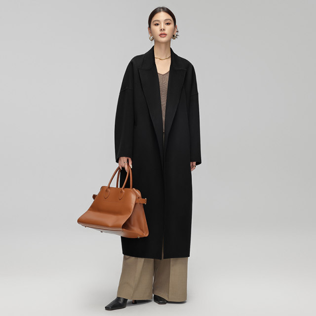 CHIIYEAR池也 双面羊毛羊绒大衣女长款浴袍式高级感黑色呢子外套